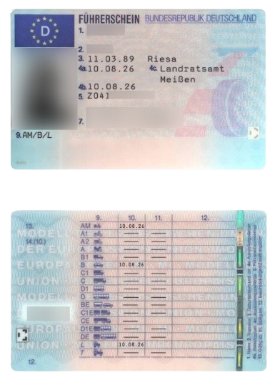 Offizieller deutscher EU-Kartenführerschein Vorder- und Rückseite Muster